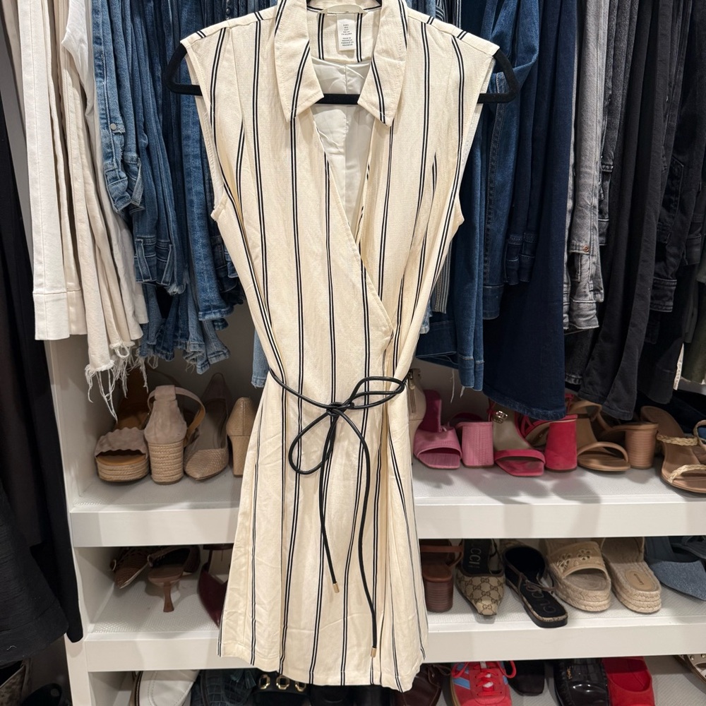 H&M Cream and Black Striped Wrap Dress